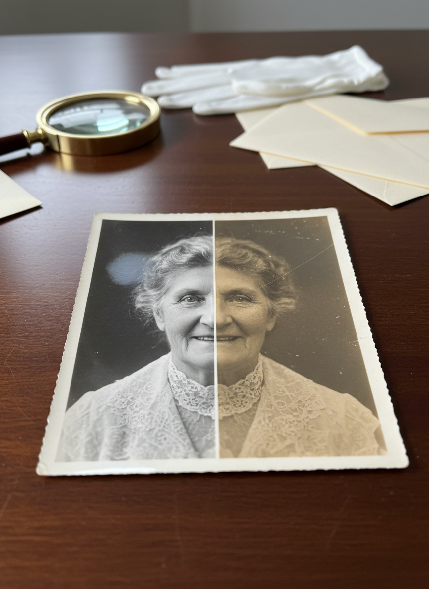 A meticulously restored black-and-white photograph lies flat on a dark walnut table, one half crisp and pristine, the other half subtly faded and scratched, showing the contrast between damage and restoration. Around it, soft-focus archival tools rest neatly: a magnifying glass, cotton gloves, and acid-free envelopes. Cool, diffused daylight from an unseen window creates gentle reflections on the glossy photo surface and delicate shadows along the edges. Shot from a slightly elevated, eye-level angle with a shallow depth of field, the composition centers on the transition line between old and renewed. The mood is sophisticated and reverent, emphasizing memory and identity, captured with photographic realism and a clean, minimalist aesthetic.