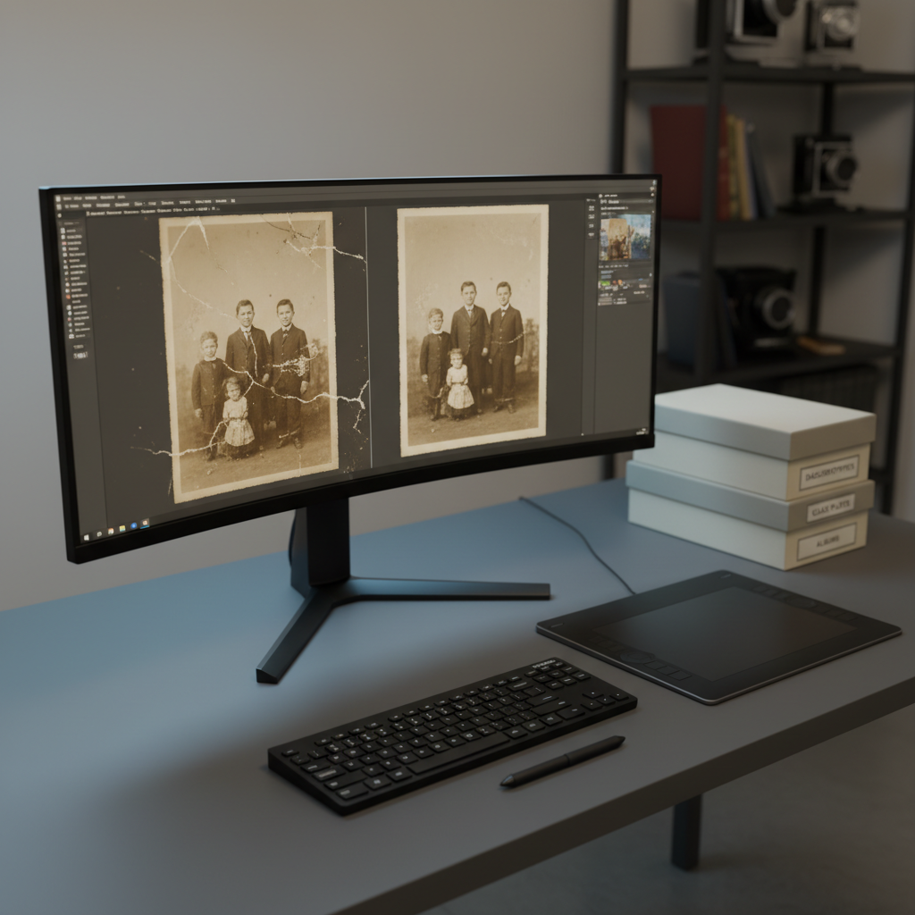 An elegant workstation dedicated to photographic restoration, featuring a large calibrated monitor displaying a split-screen of a damaged sepia photograph and its digitally restored version. The sleek black keyboard, stylus pen, and graphics tablet rest on a matte charcoal desk surface, next to neatly stacked archival storage boxes labeled with subtle typography. Soft, neutral studio lighting illuminates the scene evenly, with a faint glow from the monitor casting a cool accent on surrounding objects. Captured from a three-quarter angle with balanced depth of field, the composition follows the rule of thirds, drawing attention to the transformation on screen. The atmosphere is focused and sophisticated, conveying precision and care in reconstructing visual memories, rendered in clean, modern photographic realism.