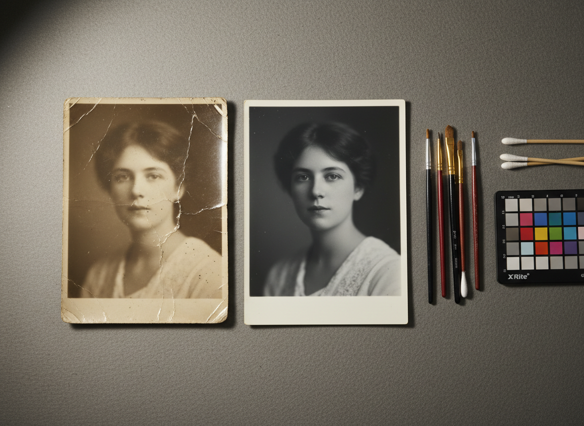 A close-up of a delicately curled, timeworn photograph with visible creases, silvering, and torn edges carefully aligned beside a perfectly restored print of the same image, both placed on a textured gray conservation mat. Beside them lies a set of fine restoration brushes, cotton swabs, and a color calibration card, arranged with deliberate order. Soft, directional side lighting from the left emphasizes the textures of the damaged emulsion and the smoothness of the restored surface, creating gentle, elongated shadows. Photographed at eye level with a shallow depth of field, the focus is razor-sharp on the meeting point between decay and renewal. The mood is contemplative and refined, underscoring the idea of rebuilding memory and identity through precise, photographic realism.