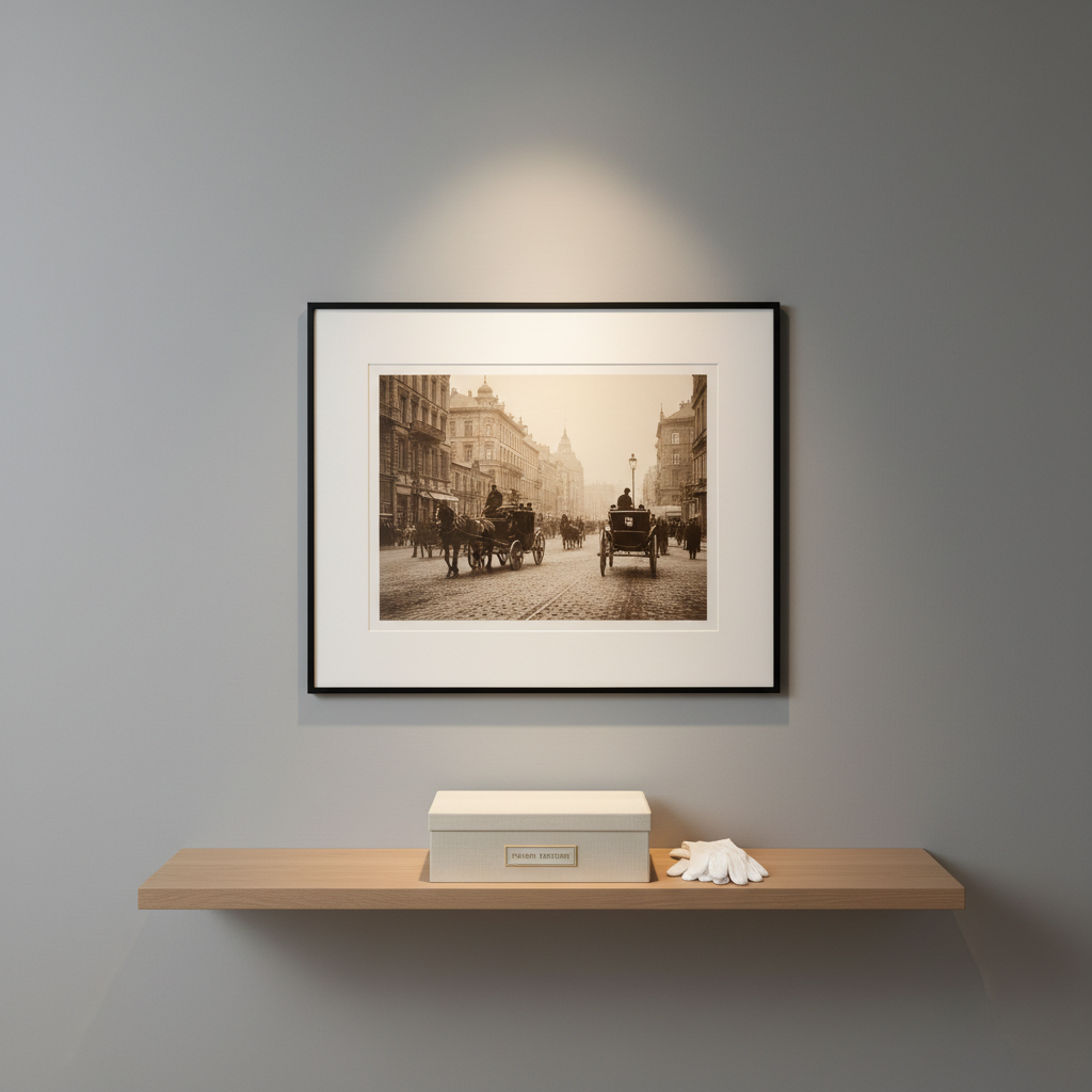 A large-format fine art print of a beautifully restored historical photograph hangs alone on a smooth, dove-gray gallery wall, framed in a slim black metal frame with a white archival mat. Below it, a minimal floating shelf in pale oak holds a single closed archival box and a pair of crisp white cotton gloves, carefully arranged. Subtle gallery-style track lighting washes the print with soft, focused illumination, creating a gentle halo and a faint, elegant shadow on the wall. Photographed from eye level with a slightly wide angle, the composition places the framed image on the rule of thirds, leaving negative space to enhance sophistication. The mood is quiet, reverent, and refined, celebrating the restored image as an object of memory and identity in clean photographic realism.