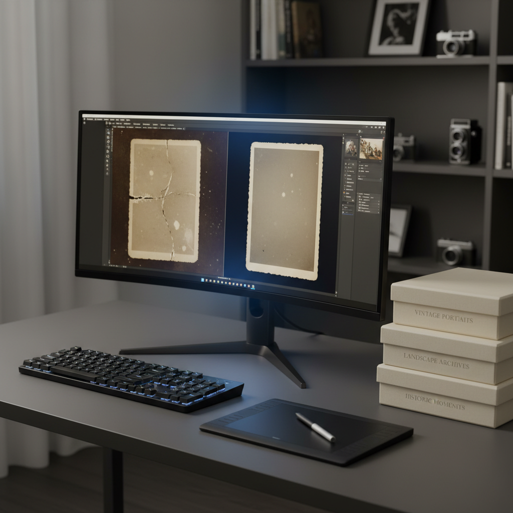 An elegant workstation dedicated to photographic restoration, featuring a large calibrated monitor displaying a split-screen of a damaged sepia photograph and its digitally restored version. The sleek black keyboard, stylus pen, and graphics tablet rest on a matte charcoal desk surface, next to neatly stacked archival storage boxes labeled with subtle typography. Soft, neutral studio lighting illuminates the scene evenly, with a faint glow from the monitor casting a cool accent on surrounding objects. Captured from a three-quarter angle with balanced depth of field, the composition follows the rule of thirds, drawing attention to the transformation on screen. The atmosphere is focused and sophisticated, conveying precision and care in reconstructing visual memories, rendered in clean, modern photographic realism.