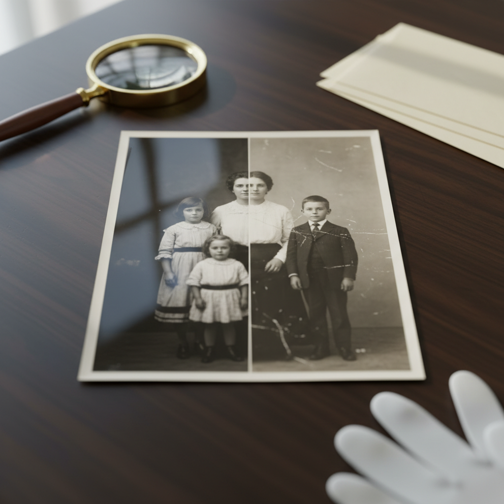 A meticulously restored black-and-white photograph lies flat on a dark walnut table, one half crisp and pristine, the other half subtly faded and scratched, showing the contrast between damage and restoration. Around it, soft-focus archival tools rest neatly: a magnifying glass, cotton gloves, and acid-free envelopes. Cool, diffused daylight from an unseen window creates gentle reflections on the glossy photo surface and delicate shadows along the edges. Shot from a slightly elevated, eye-level angle with a shallow depth of field, the composition centers on the transition line between old and renewed. The mood is sophisticated and reverent, emphasizing memory and identity, captured with photographic realism and a clean, minimalist aesthetic.