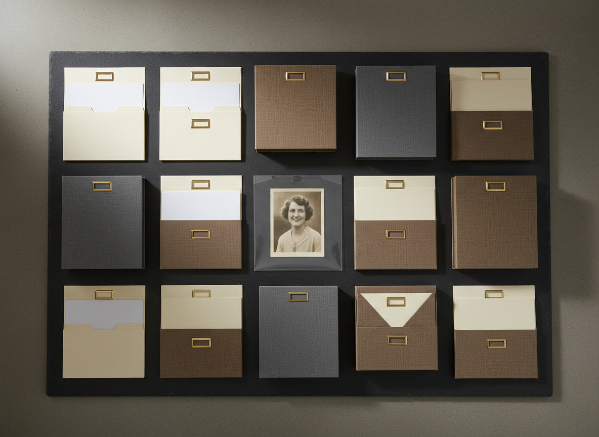 An array of neatly organized archival materials dedicated to photographic conservation: acid-free folders, labeled binders, and elegant storage boxes in muted tones of cream, slate, and soft brown, each with subtle metallic label holders. At the center lies a single, carefully sleeved vintage photograph within a transparent protective sleeve, catching a delicate highlight. The scene is set on a matte, dark stone surface in a calm studio environment. Soft, diffused overhead lighting creates refined shadows and a sense of depth without harsh contrasts. Captured from a top-down, bird’s-eye perspective, the composition is symmetrical and minimalist, emphasizing order, care, and long-term preservation. The overall mood is sophisticated and serene, with a photographic, museum-quality aesthetic that conveys respect for memory and identity.